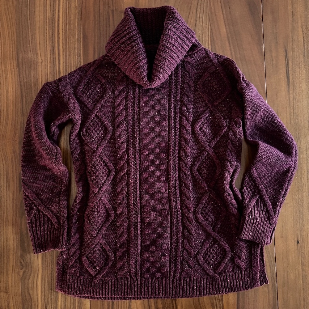 Lands’ End Plum Wool Blend Cable Knit Turtleneck Sweater Size S